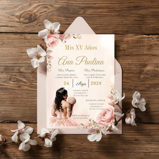 Spanish Blush Pink Floral Quinceanera Invitation