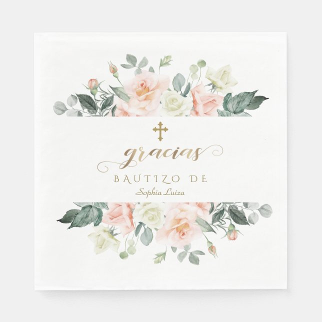 Spanish Blush White Flowers Gold Girl Bautizo Napkins (Front)