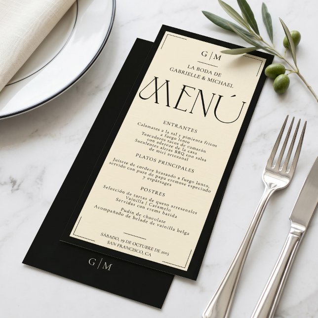 Spanish Boda Monogram Black Ivory Wedding  Menu (Creator Uploaded)
