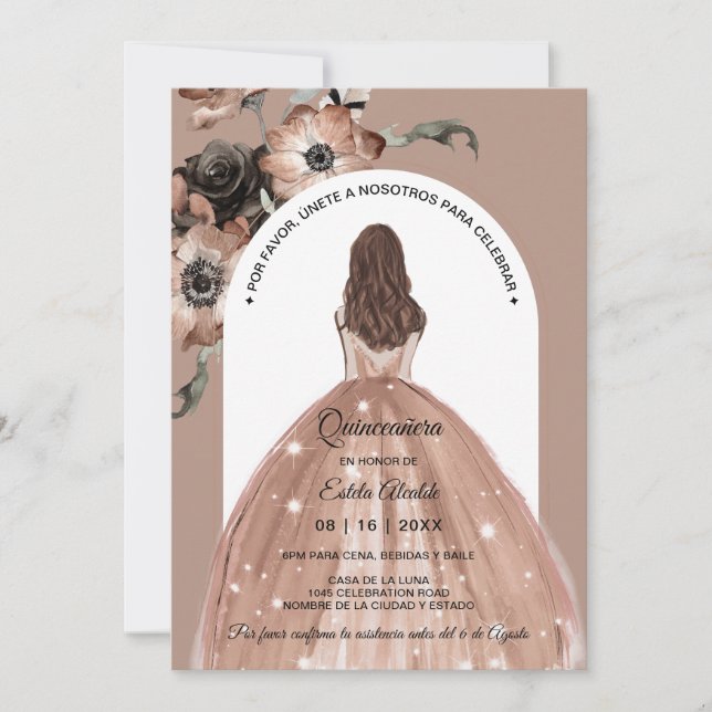 Spanish Boho Arch Pink Floral Quinceañera Invitation (Front)