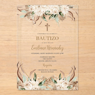 Spanish Boho Baptism Acrylic Floral Invitation