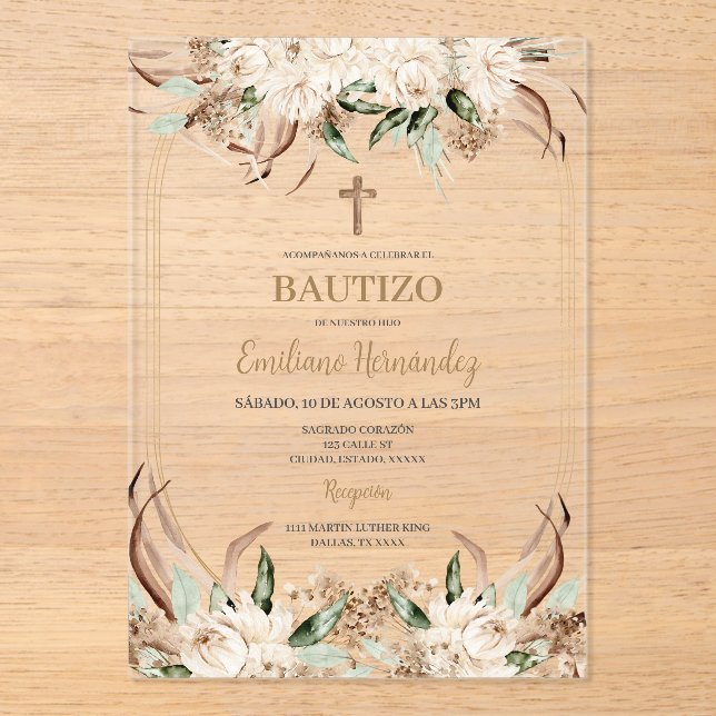 Spanish Boho Baptism Acrylic Floral Invitation (Front)