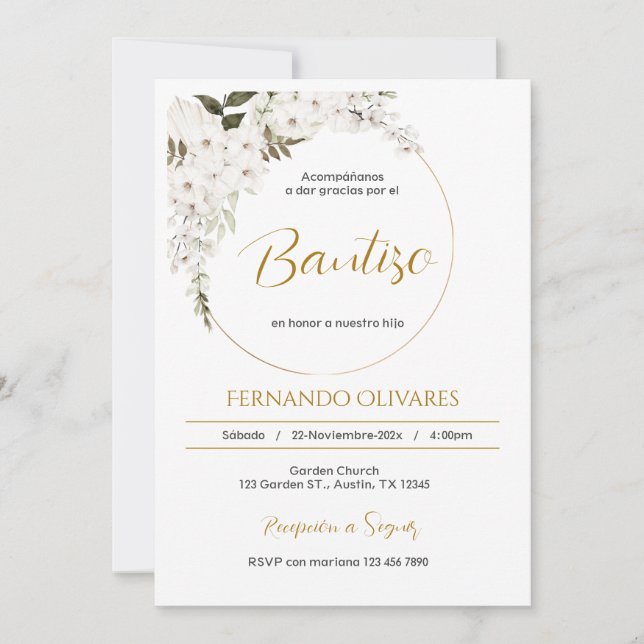 Spanish Boho Baptism Floral Invitation (Front)