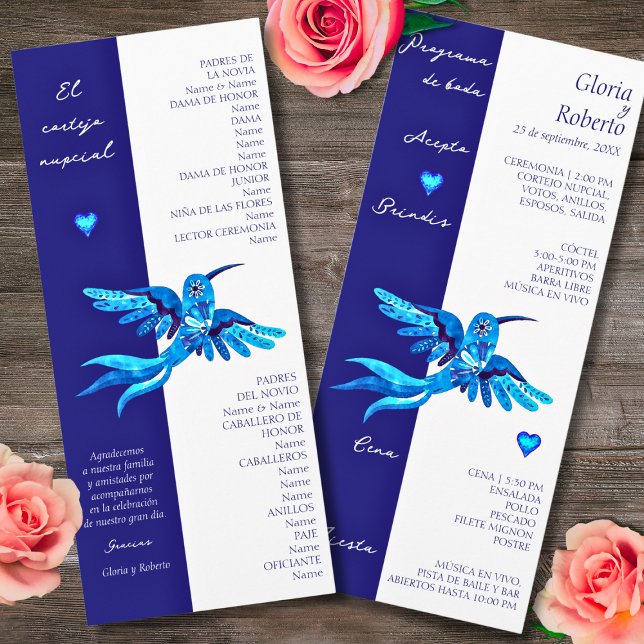 Spanish, Boho Blue Hummingbirds Mexican Wedding Program (Creator Uploaded)
