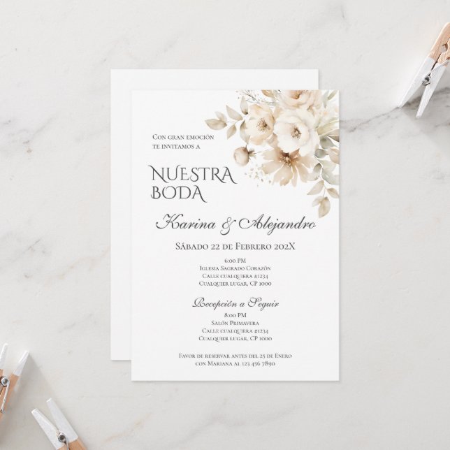 Spanish Boho Floral Wedding Invitation (Front/Back In Situ)
