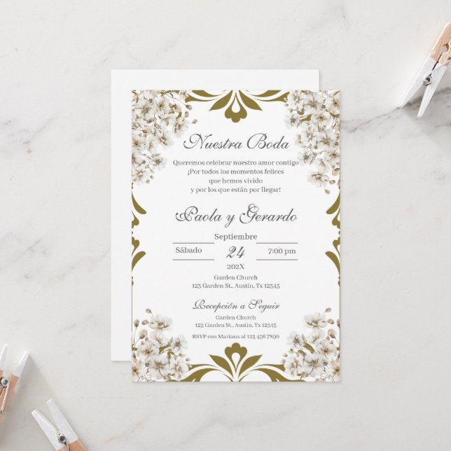 Spanish Boho Floral Wedding Invitation (Front/Back In Situ)
