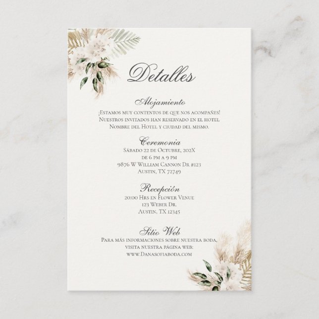 Spanish Boho Wedding Detalles de la Boda Enclosure Card (Front)