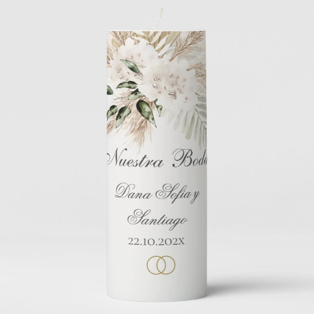 Spanish Boho Wedding Pillar Candle (Front)