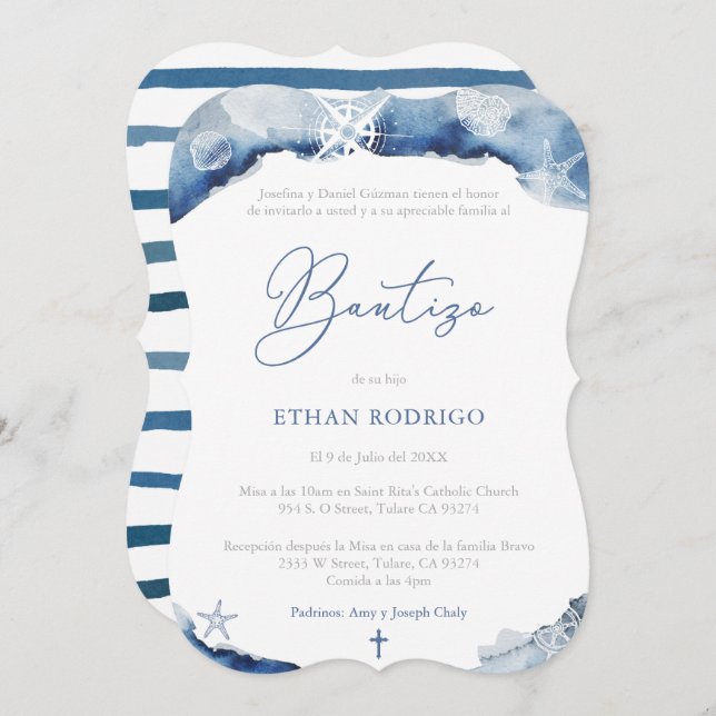Spanish Boy Baptism Nautical Theme, Bautizo Niño Invitation (Front/Back)
