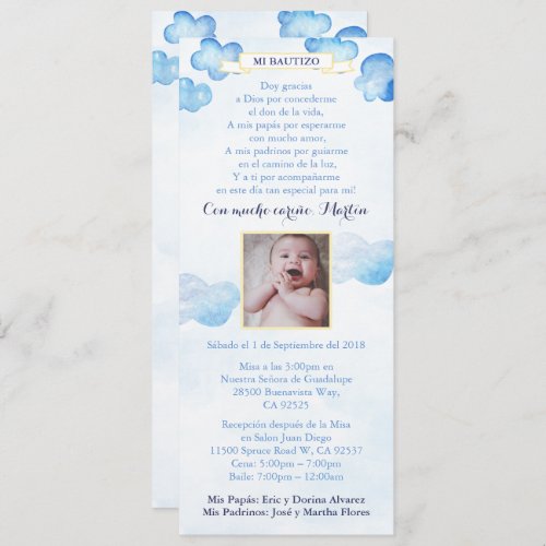 Spanish Boy Bautizo Baptism Invites with clouds