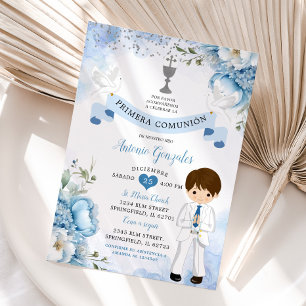 Spanish Boy Dusty Blue Floral Primera Comunion Invitation