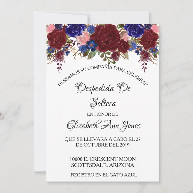 Spanish Bridal Shower Navy Burgundy Floral Invitation (Front)