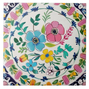 Spanish Bright Colorful Floral Pink & Blue Flowers Ceramic Tile