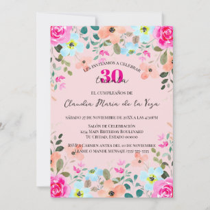 Spanish Bright Pink Floral 30th Birthday Party Invitation