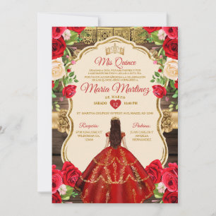 Spanish Bright Red Floral Rustic Wood Quiñceanera Invitation