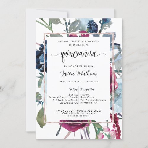 Spanish Burgundy Berry and Blue Floral Quinceaera Invitation