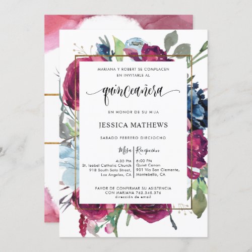 Spanish Burgundy Blue Floral Quinceaera Invitation