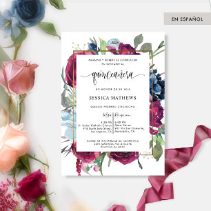 Spanish Burgundy, Blue Floral Quinceañera Invitation