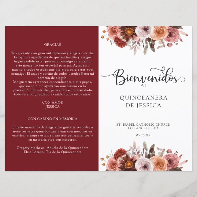 Spanish Burgundy Blush Floral Quinceanera Program (Front)