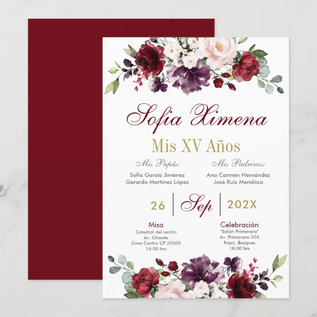 Spanish Burgundy Floral Quinceanera Invitation | Zazzle
