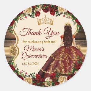 Spanish Burgundy Floral Rustic 15 Anos Thank You Classic Round Sticker