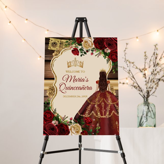 Spanish Burgundy Floral Rustic 15 Anos Welcome  Foam Board (In Situ (Stand))