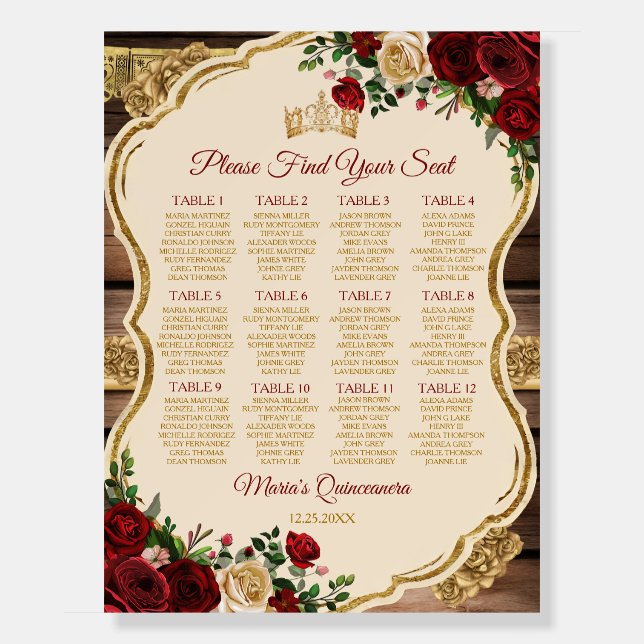 Spanish Burgundy Floral Rustic Mis Quince Chart Foam Board (Front)