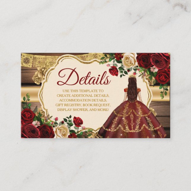 Spanish Burgundy Floral Rustic Mis Quince Details Enclosure Card (Front)