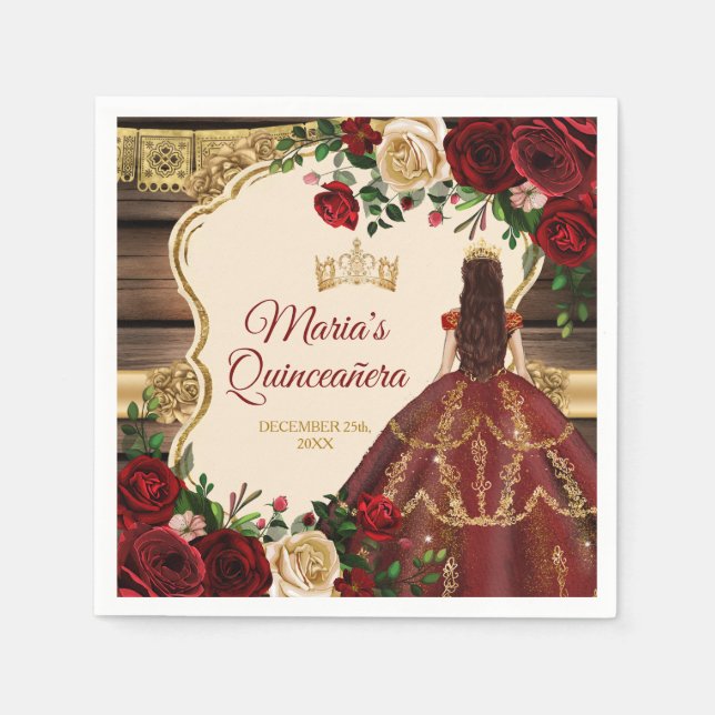 Spanish Burgundy Floral Rustic Mis Quince Paper Napkins (Front)
