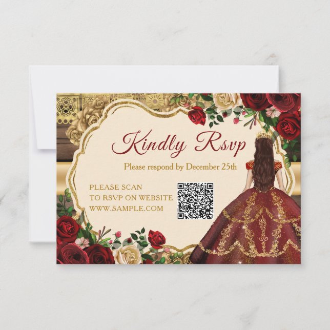 Spanish Burgundy Floral Rustic Mis Quince Rsvp Thank You Card (Front)