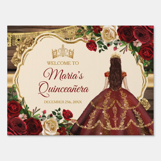 Spanish Burgundy Floral Rustic Mis Quince Welcome Sign (Front)