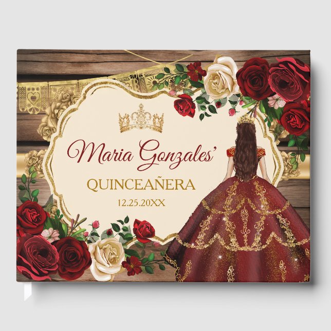 Spanish Burgundy Floral Rustic Wood Mis Quince Guest Book (Front)