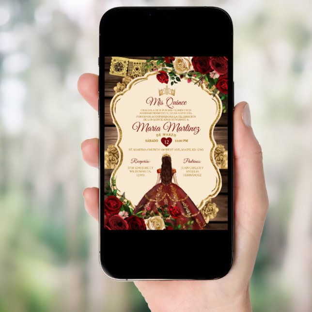 Spanish Burgundy Floral Rustic Wood Mis Quince Invitation (Front Digital)