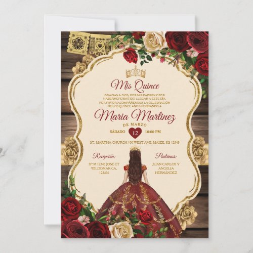 Spanish Burgundy Floral Rustic Wood Mis Quince Invitation