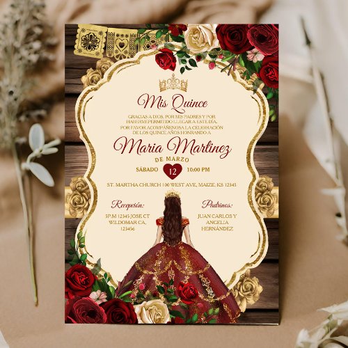 Spanish Burgundy Floral Rustic Wood Mis Quince Invitation