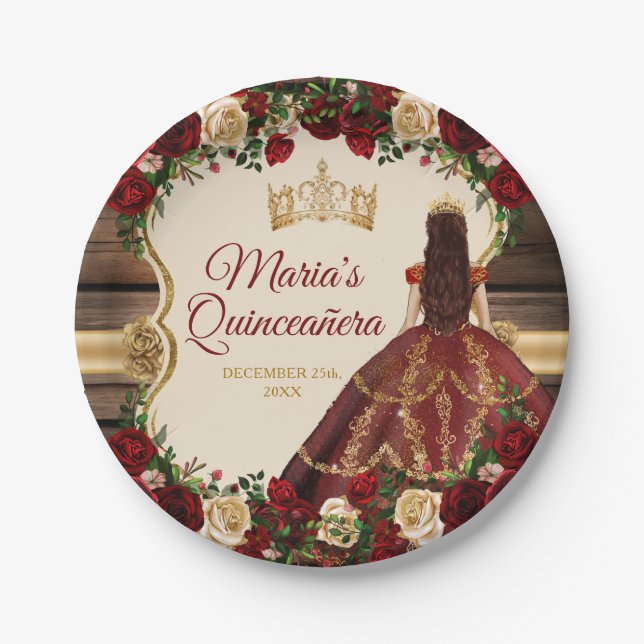 Spanish Burgundy Floral Rustic Wood Mis Quince Paper Plates (Front)