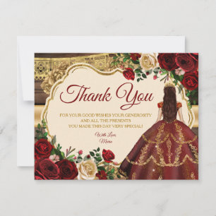 Spanish Burgundy Floral Rustic Wood Mis Quince Thank You Card