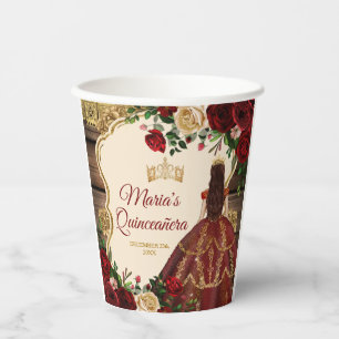 Spanish Burgundy Floral Rustic Wood Quinceañera Paper Cups