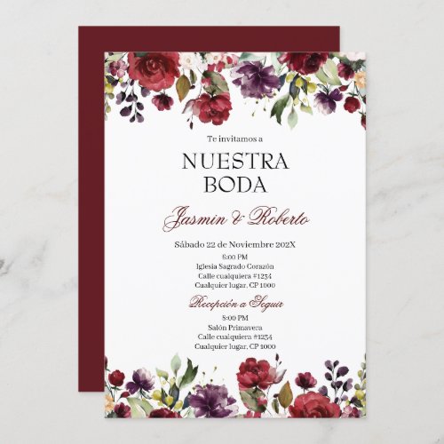 Spanish Burgundy Floral Wedding Invitation