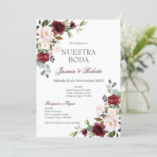 Spanish Burgundy Floral Wedding Invitation