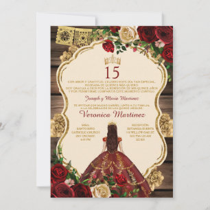 Spanish Burgundy Princess Floral Wood 15 Años Invitation