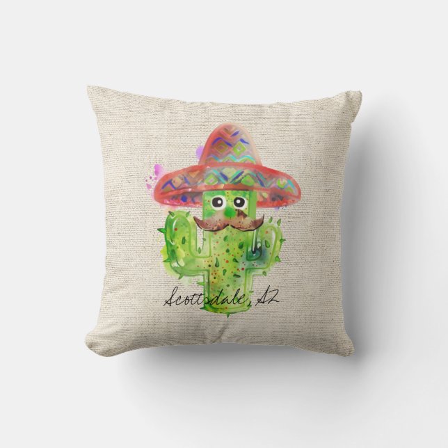 Spanish Cactus Mustache Hat Fiesta Text Artisan Throw Pillow (Front)