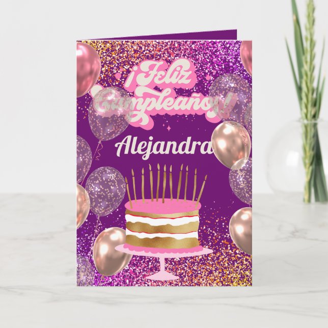 Spanish Cake Glitter Transparent Balloons Birthday Card (Front)