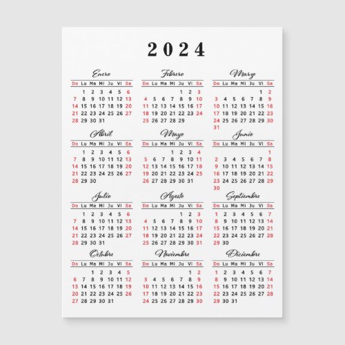Spanish Calendar 2024 White Black Red