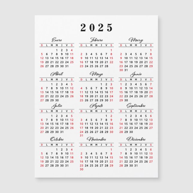Spanish Calendar 2025 White Black Red (Front)