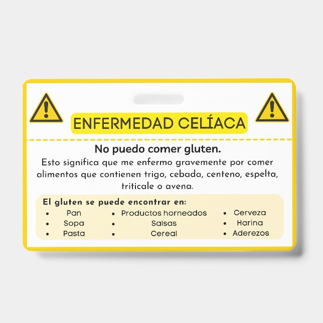 Spanish Celiac Disease Gluten Allergy Alert Card Badge (Front)