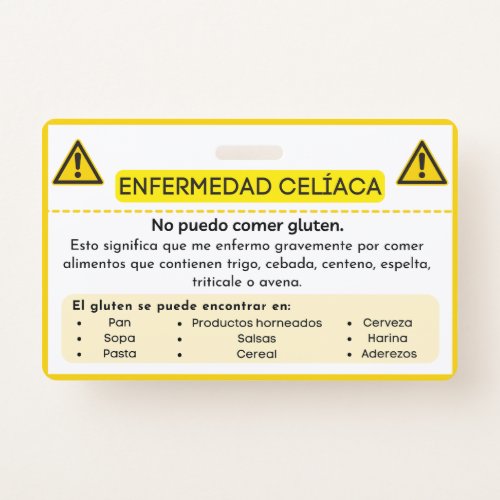 Spanish Celiac Disease Gluten Allergy Alert Card Badge