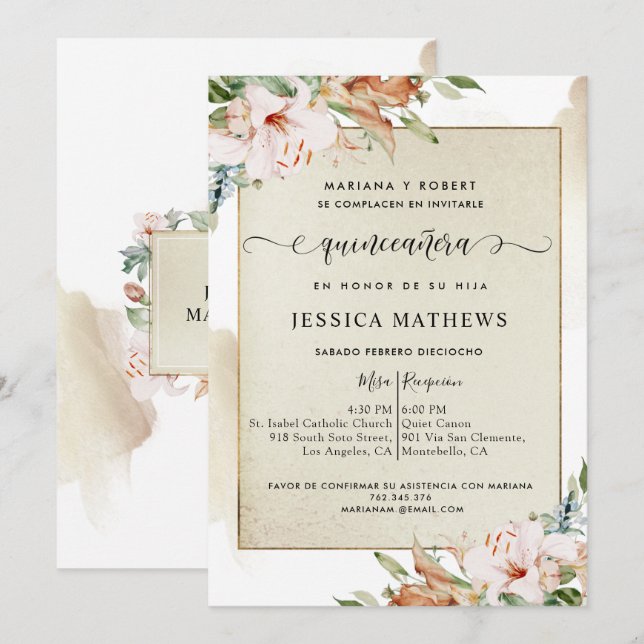 Spanish, Champagne and Blush Quinceañera Floral Invitation (Front/Back)
