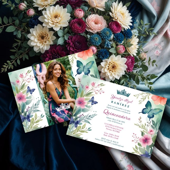 Spanish Charming Sweet Floral Garland Butterflies Invitation (Spanish Charming Sweet Floral Garland & Butterflies Photo Mis XV Años Teal & Hot Pink Invitations.)