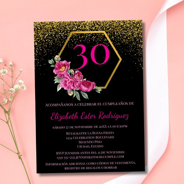 Spanish Chic Black Gold Pink 30th Birthday Invitation (Creator Uploaded)